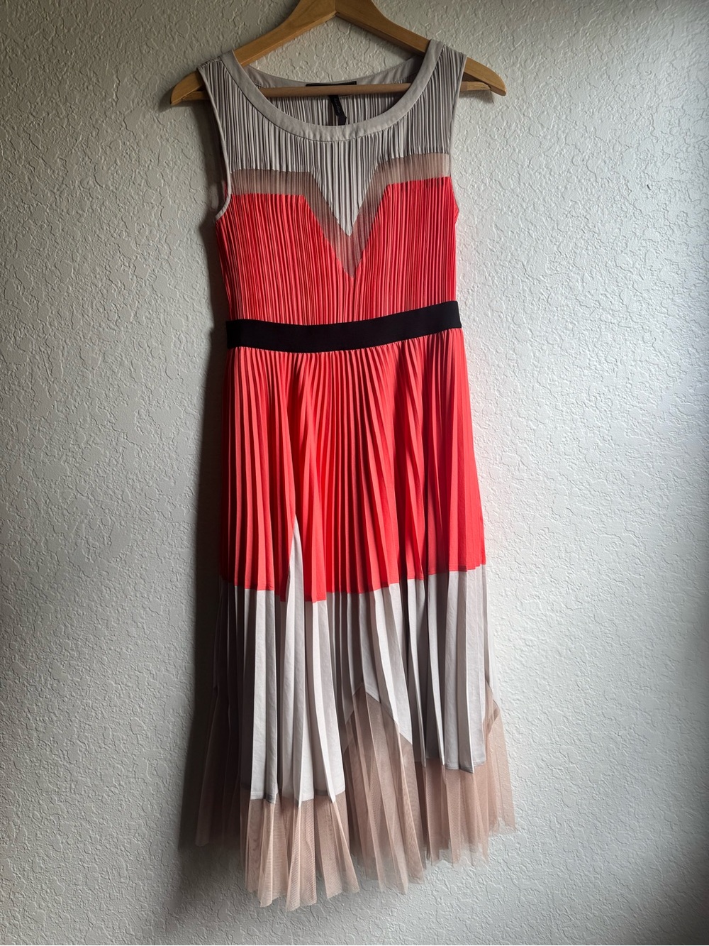 BCBGMaxAzria Coral and Beige Pleated Colorblock Midi Dress